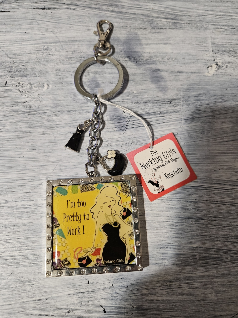 CR Gibson Yellow Rhinestone Frame 'I'm Too Pretty to Work' Keychain